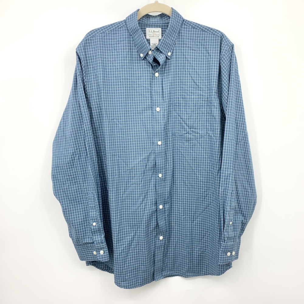 LL Bean Men Medium Shirt Button Down Top Blue White Checkered Cotton Long Sleeve